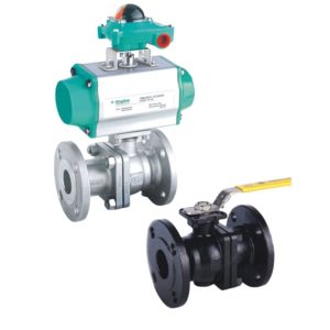 Kingdom KV-L flanged ball valve range showing pneumatic actuated stainless steel and manual lever carbon steel ball valve
