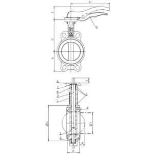 Technical drawing of WRAS approved wafer butterfly valve showing dimensions and material components
